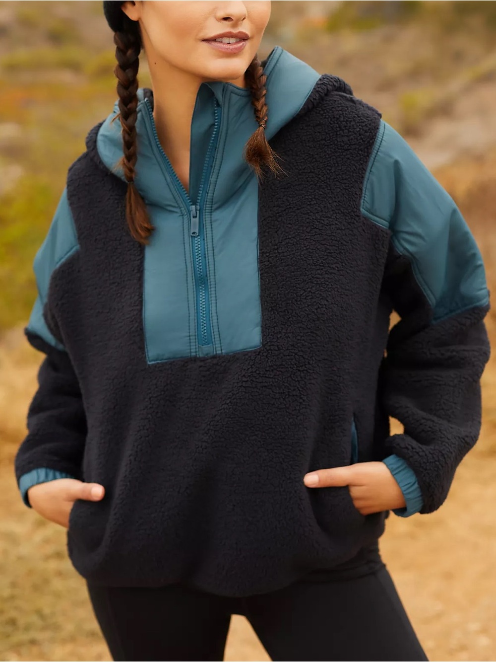 Free People Movement Lead The Pack Fleece Pullover Hoodie Black/Teal Pocket sz M